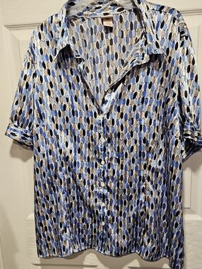 Covington Woman Blue and Gray Oval Print Satin Blouse
